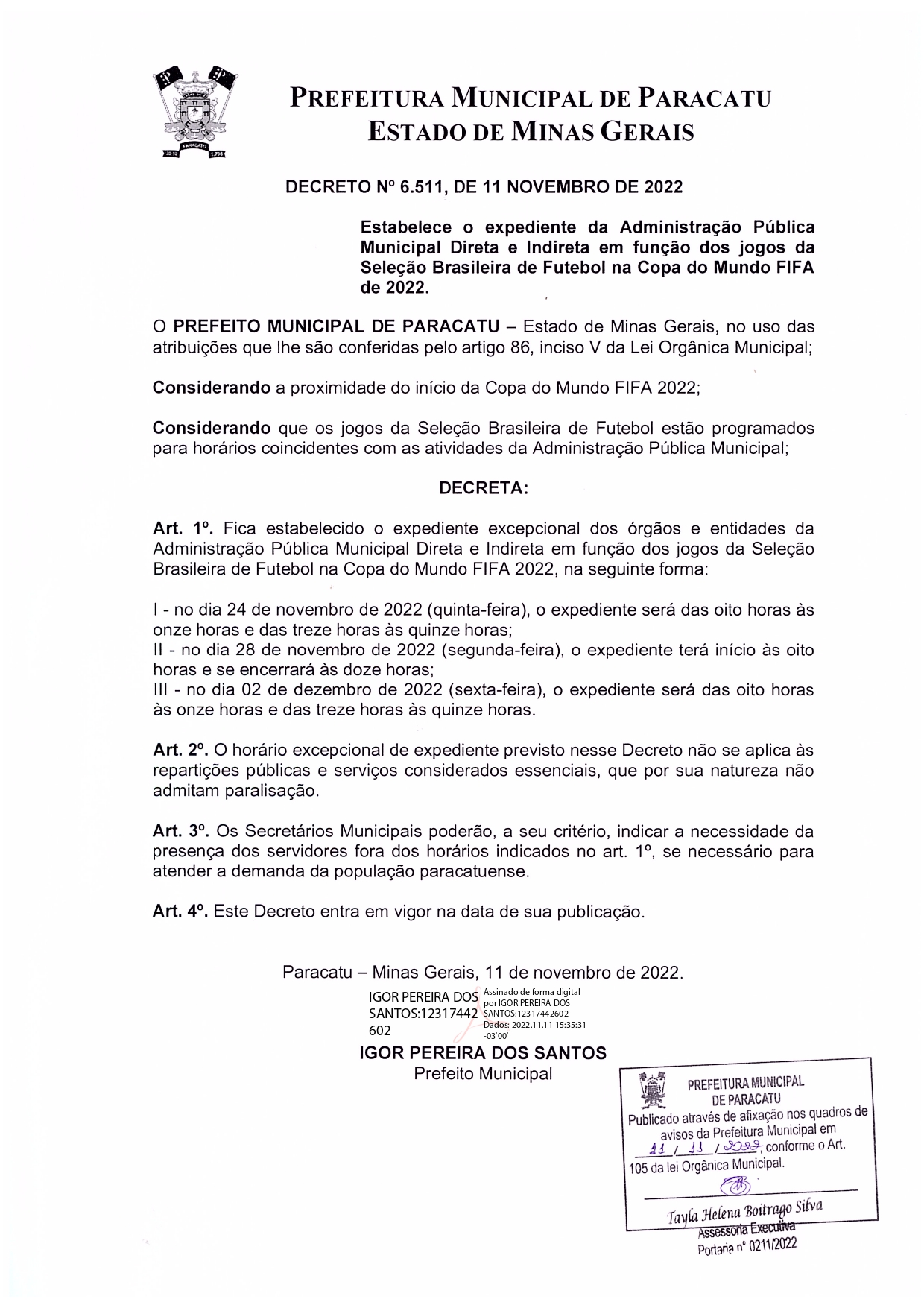 Decreto Municipal: Horários em dias de jogos da Copa do Mundo FIFA 2022 -  Prefeitura Municipal de General Carneiro