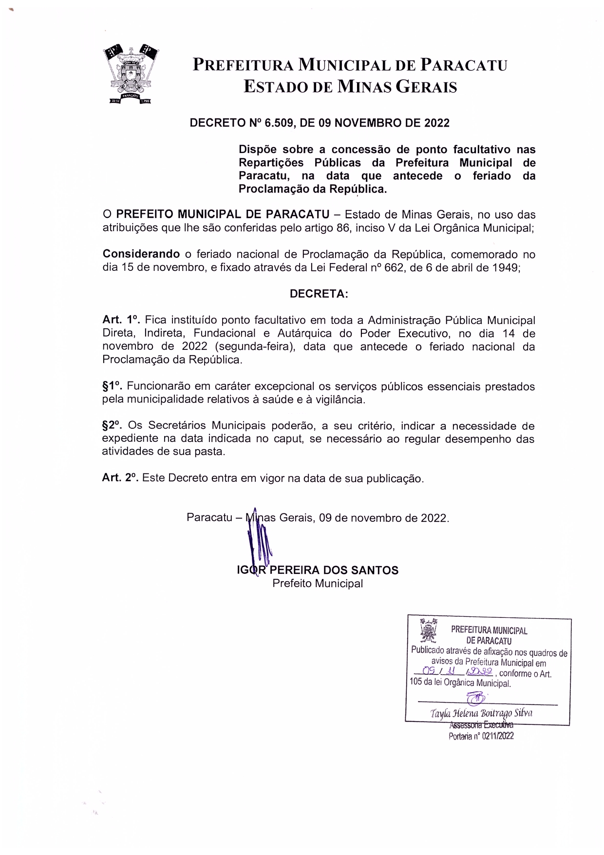 Decreto nº 6.509, de 09 de novembro de 2022 - Decreta ponto facultativo no município de Paracatu (14-11-2022)_page-0001